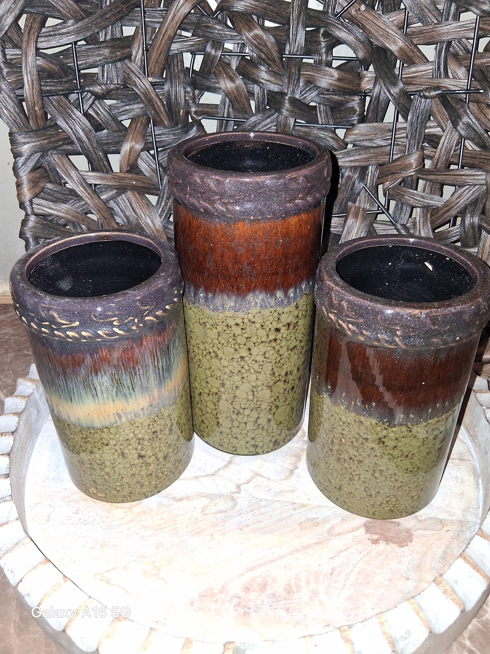 Handcrafted Green and Brown Glazed Ceramic Vase Set - Unbranded